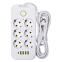 Мережевий фільтр 3 м подовжувач F06U на 6 розеток 4 USB 1 Type-C та кнопкою відключення Білий HP-5-23