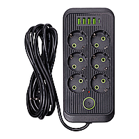 Мережевий фільтр 3 м подовжувач F06U на 6 розеток 4 USB 1 Type-C та кнопкою відключення Чорний HP-5-24