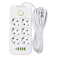 Мережевий фільтр 5 м подовжувач F06U на 6 розеток 4 USB 1 Type-C та кнопкою відключення Білий HP-5-25