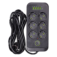 Мережевий фільтр 5 м подовжувач F06U на 6 розеток 4 USB 1 Type-C та кнопкою відключення Чорний HP-5-26