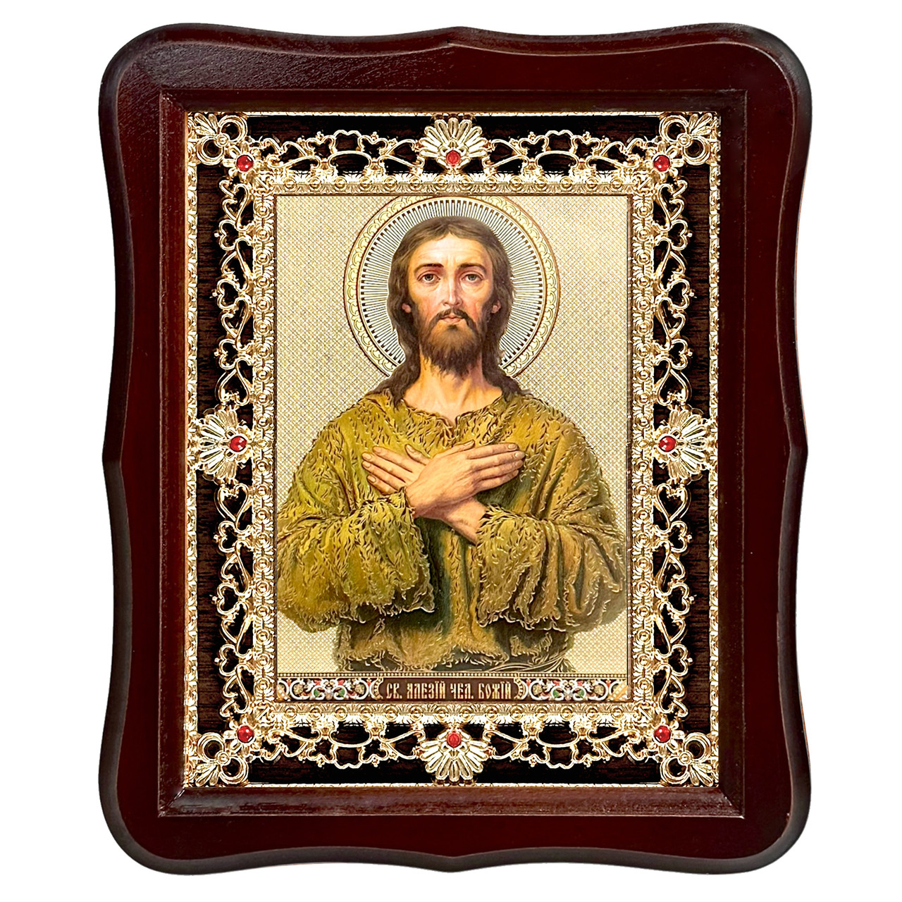 Ікона Олексій людина Божа свята преподобна, лик 15х18 см, у темному дерев'яному кіоті з камінням, фото 1
