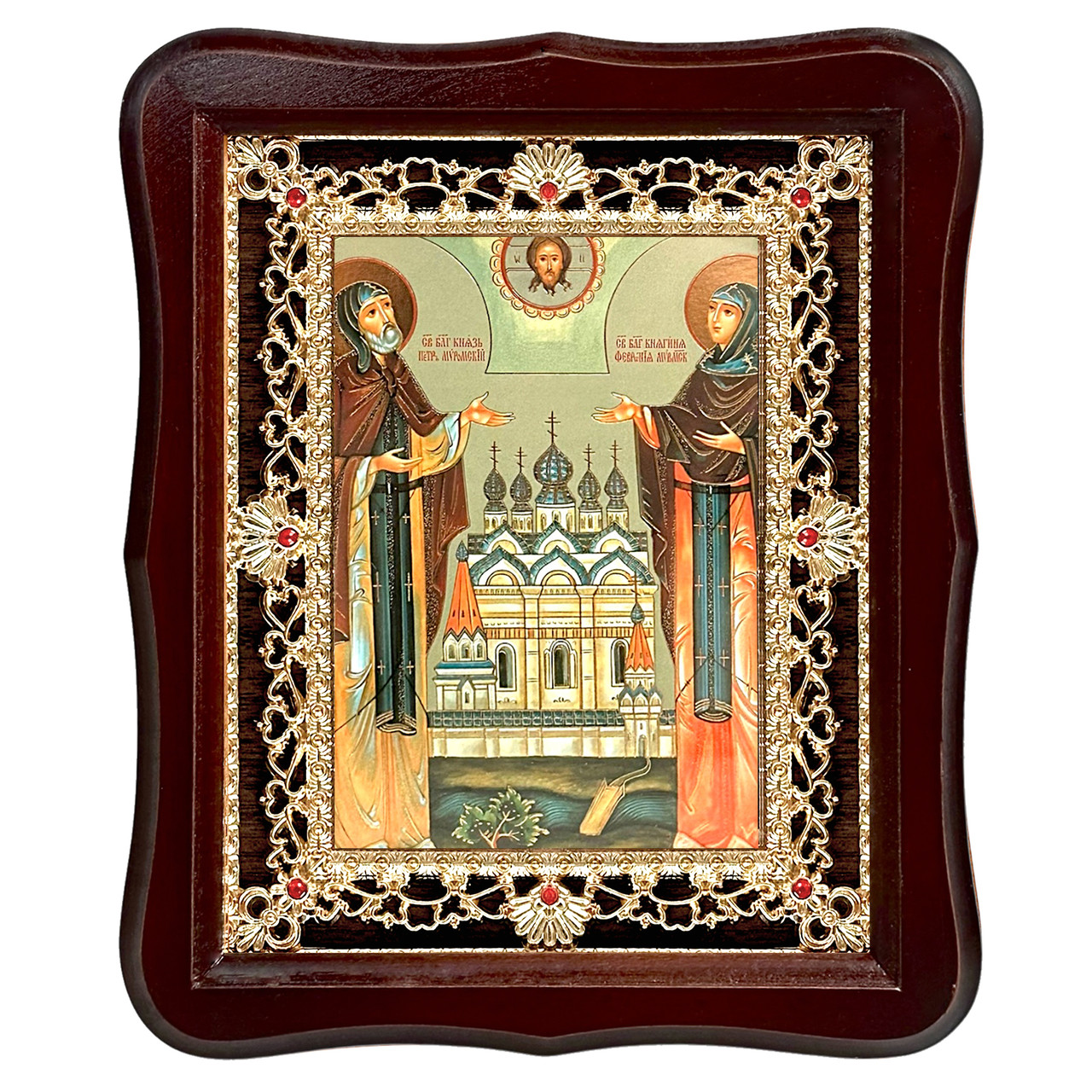 Ікона святих благовірних князів Петра та княгині Феронії, лик 15х18 см, у темному дерев'яному кіоті з камінням, фото 1