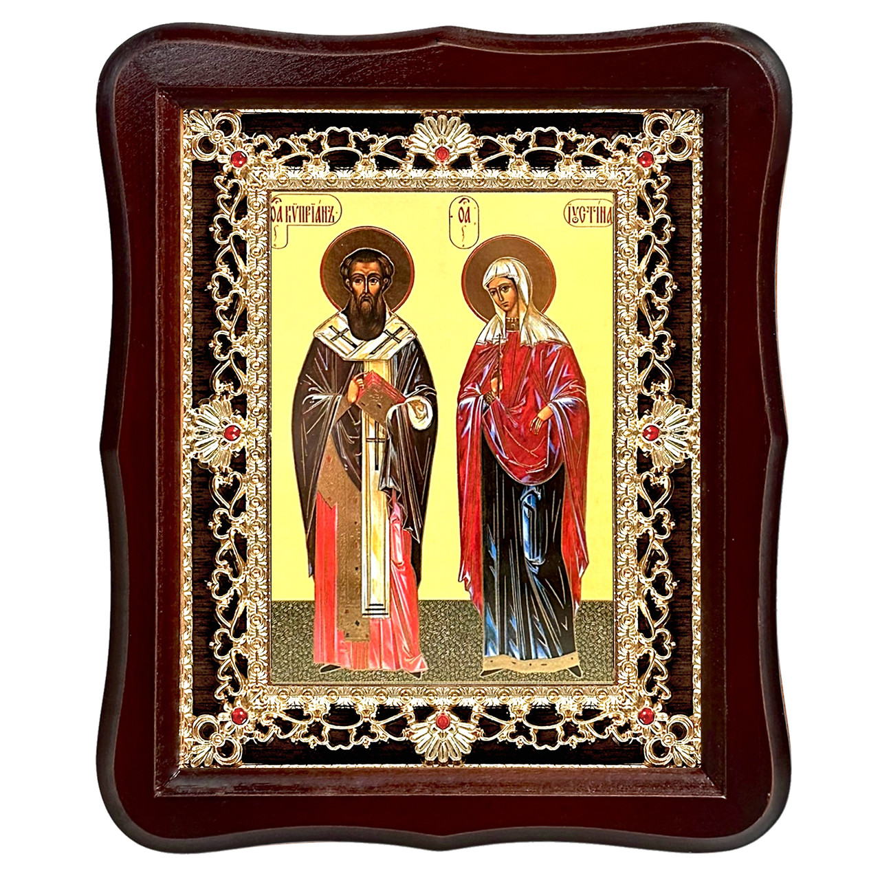 Ікона Кіпріан та Іустина святі мученики, лик 15х18 см, у темному дерев'яному кіоті з камінням, фото 1