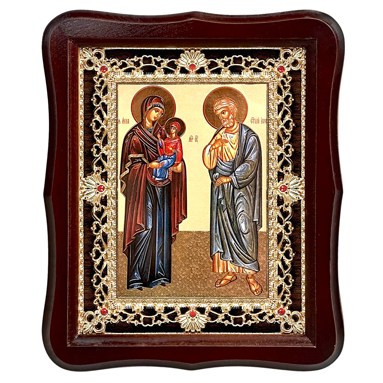 Ікона Анна та Іоаким святі, лик 15х18 см, у темному дерев'яному кіоті з камінням, фото 1