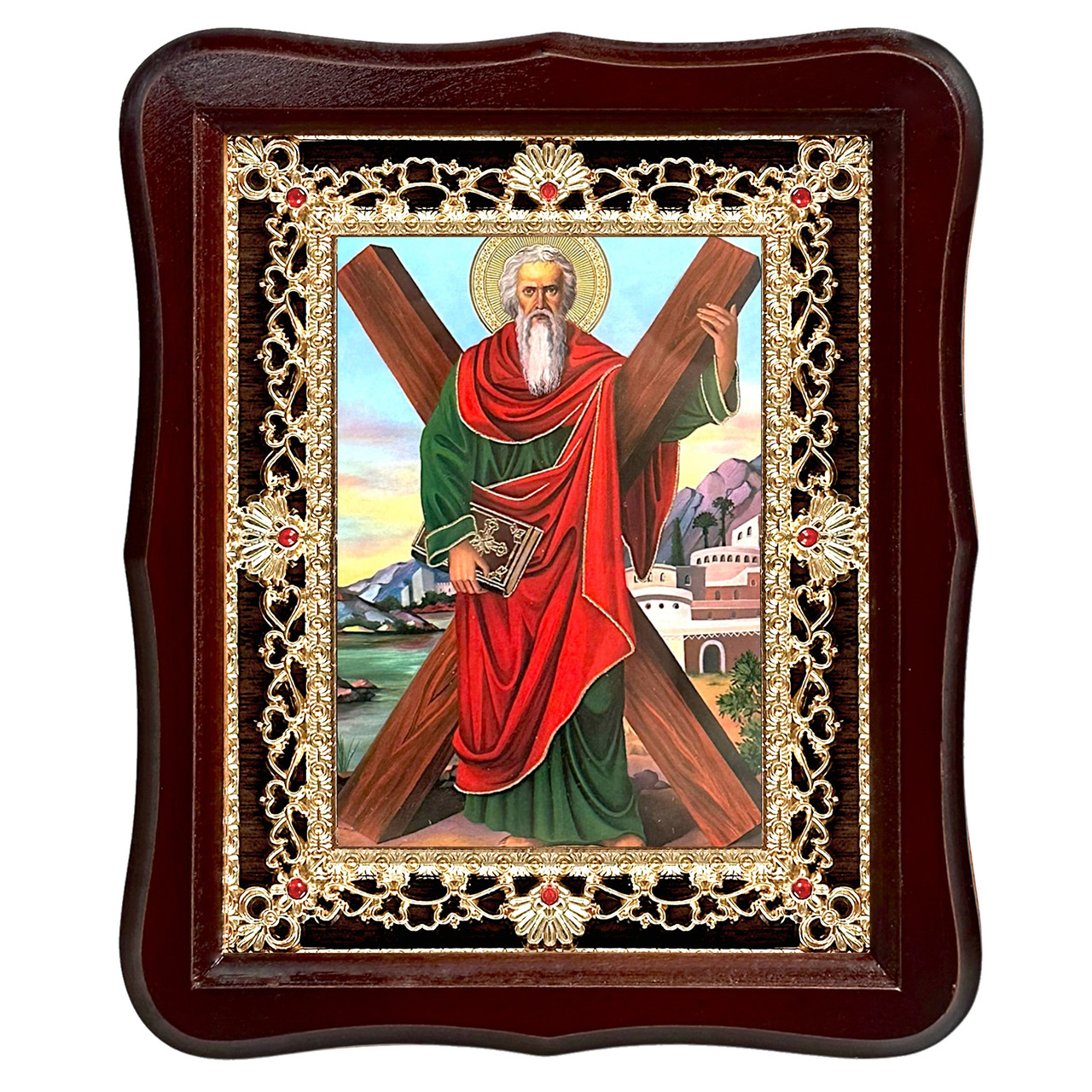 Ікона Андрій Першозваний святий апостол, лик 15х18 см, у темному дерев'яному кіоті з камінням, фото 1