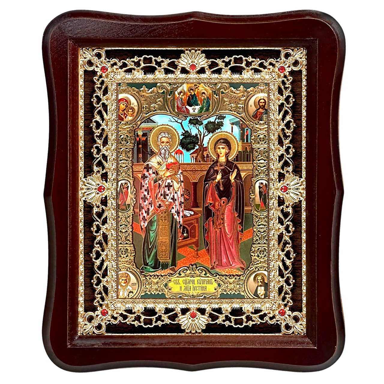 Ікона Кіпріан та Іустина святі мученики, лик 15х18 см, у темному дерев'яному кіоті з камінням, фото 1