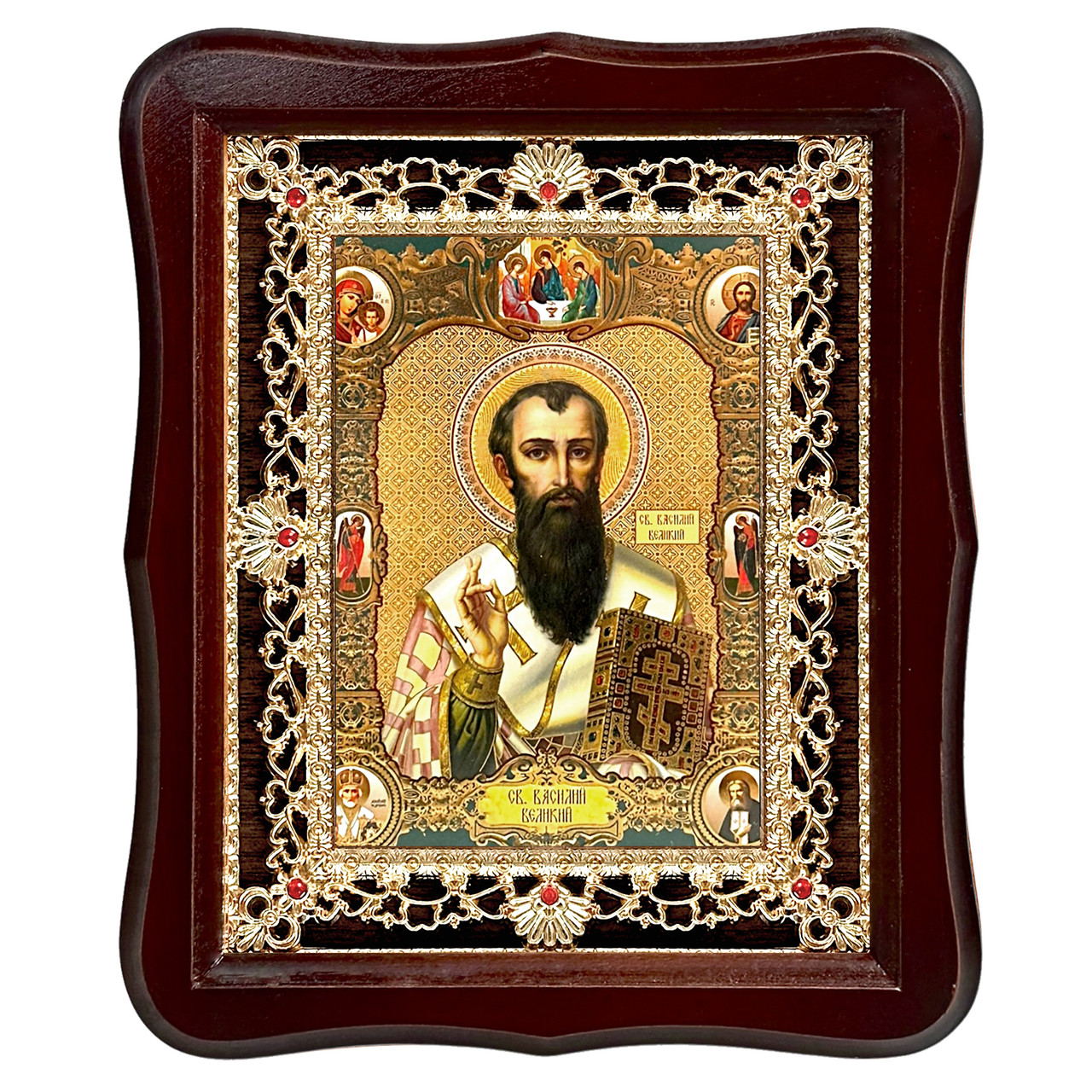 Ікона Василь Великий святитель, лик 15х18 см, у темному дерев'яному кіоті з камінням, фото 1