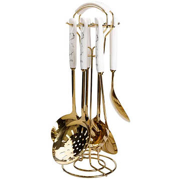 Набір кухонного приладдя 7 предметів на підставці столові прилади з нержавіючої сталі Золото з білим HP-20-7