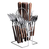 Набір столових приборів на 6 персон з дерев'яними ручками на підставці столові прибори 24 шт Срібло HP-20-1