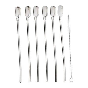 Набір багаторазових ложок-трубочок 6 шт для напоїв 22 см зі щіткою для миття з нержавіючої сталі Сірий HP-20-19