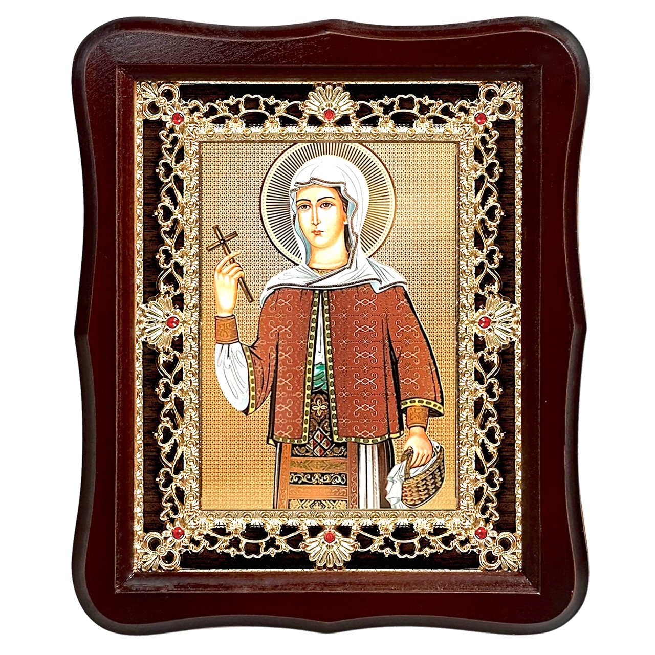 Ікона Філофтея Румунська свята, лик 15х18 см, у темному дерев'яному кіоті з камінням, фото 1