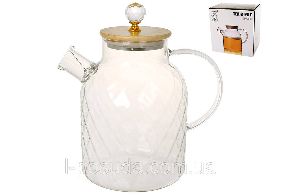 Скляний чайник-заварник  із жаростійкого скла 1.6 л з бамбуковою кришкою, фото 1