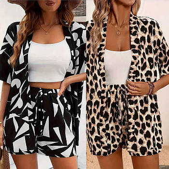 Костюм жіночий літній із софту з леопардовим принтом сорочка і шорти (Норма та напівбатал)