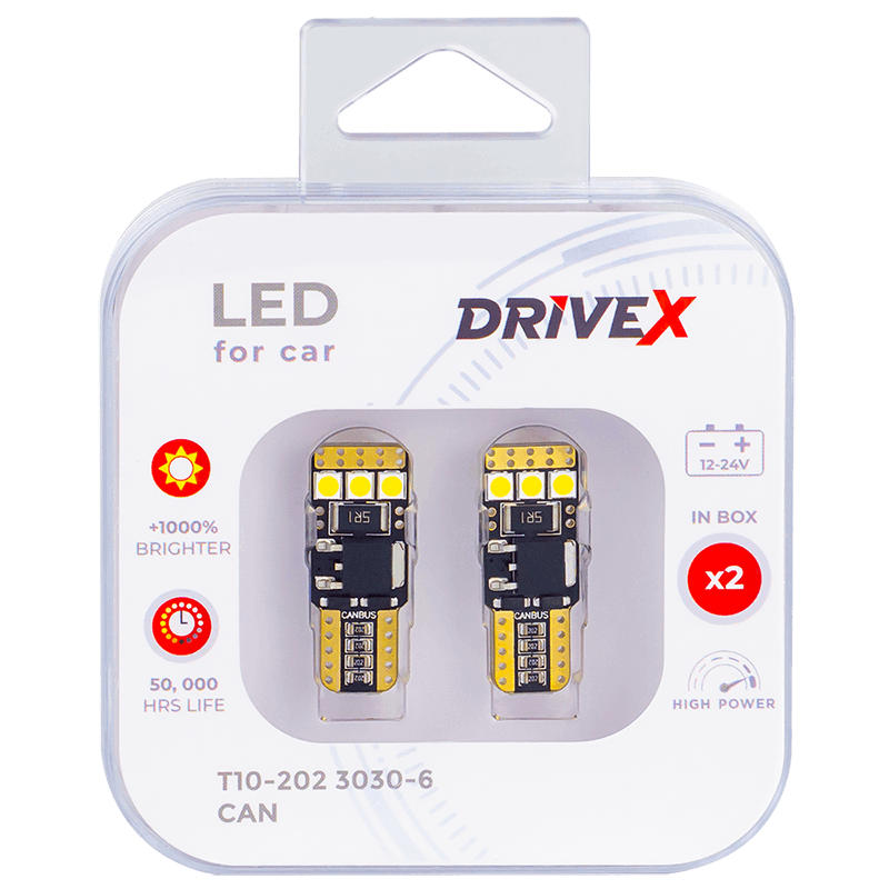 Комплект світлодіодних LED ламп DriveX T10-202 3030-6 9-48V CAN W5W Ø10 мм, фото 1