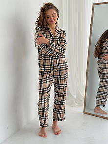 Піжама жіноча (сорочка та штани) - Бежевий в клітинку