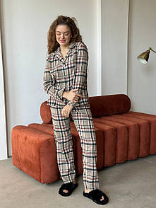 Піжама жіноча (сорочка та штани) - Бежевий в клітинку