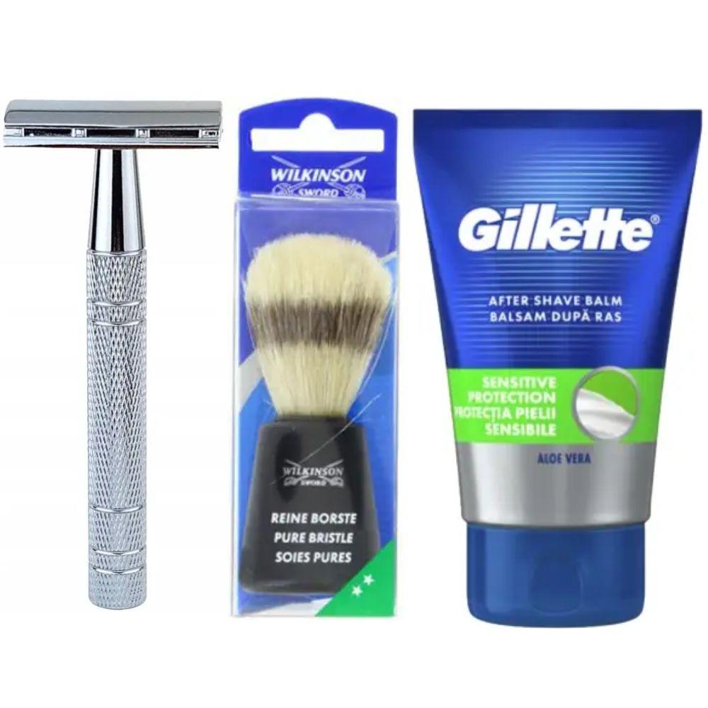 Класична Т-подібна бритва+10 лез + помазок Wilkinson Sword + бальзам після гоління Gillette Sensitive Protection 100 мл, фото 1