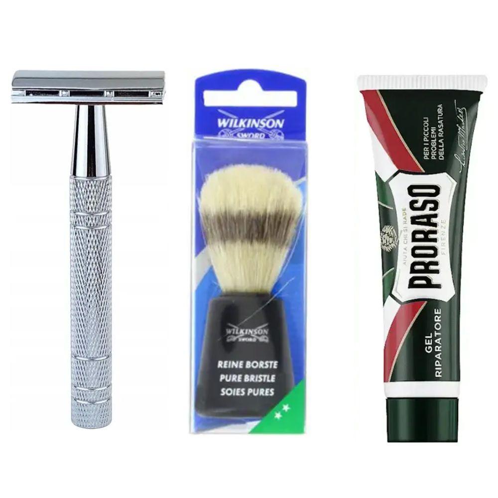 Класична Т-подібна бритва+10 лез + помазок для гоління Wilkinson Sword + гель від порізів Proraso Razor Cut Repair Gel, фото 1