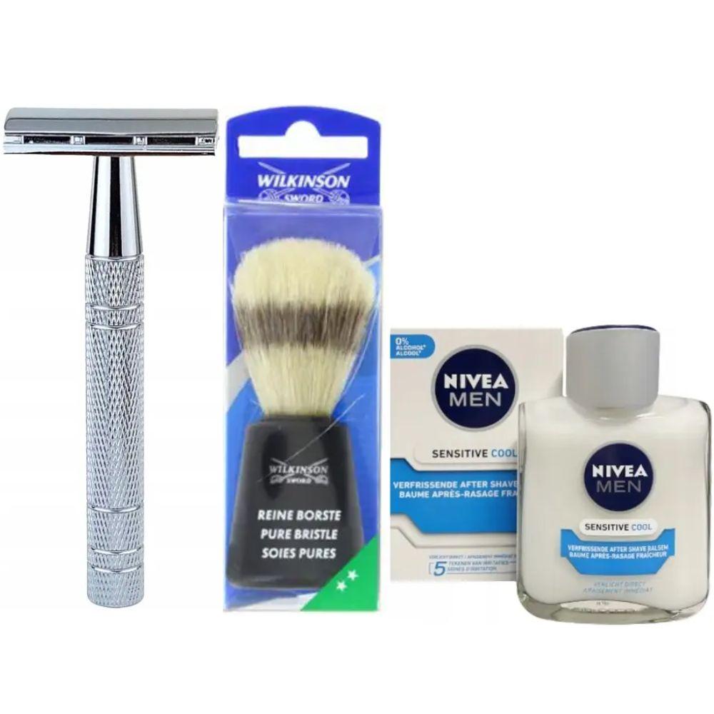Класична Т-подібна бритва+10 лез + помазок для гоління Wilkinson Sword + бальзам після гоління Nivea Men Sensitive Cooling 100 мл, фото 1