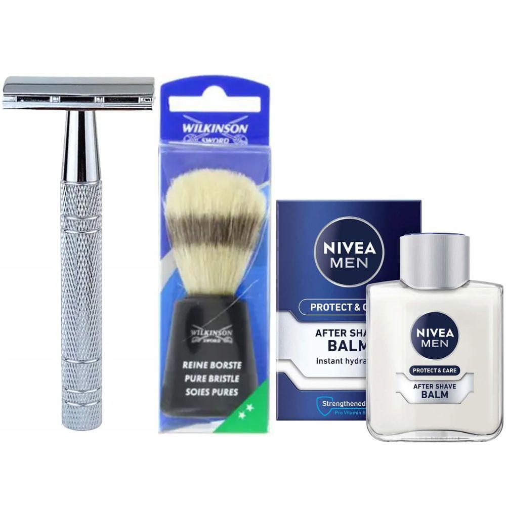 Класична Т-подібна бритва+10 лез + помазок для гоління Wilkinson Sword + бальзам після гоління Nivea Men Protect & Care 100 мл, фото 1