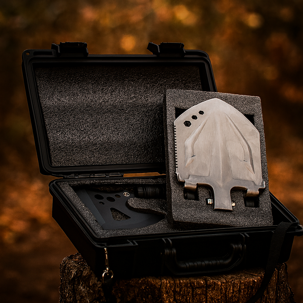 Багатофункціональний туристичний набір 9 в 1: лопата, сокира, ніж, компас і аксесуари в кейсі, фото 1