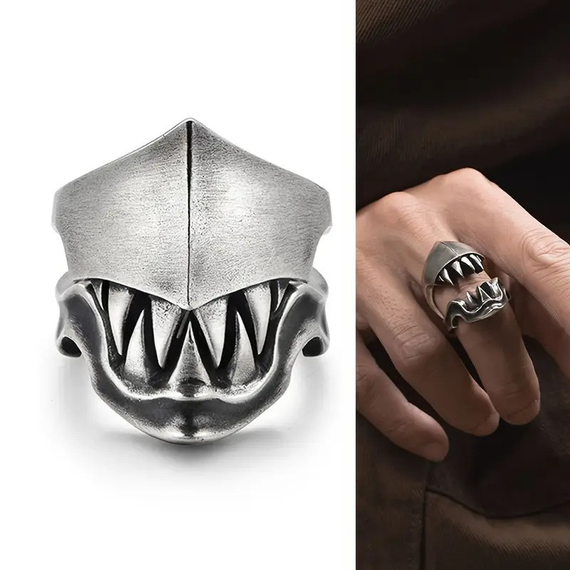 Набір із 2 сріблястих чоловічих каблучок у формі пащі монстра регульований розмір LuxAurum241, фото 1