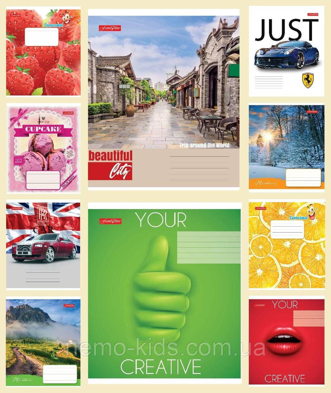 Зошит 24 лист. лінія з УФ-Лак покриттям, серія "МІКС", упаковка 20шт, ТМ Фемілі Лайн, ЦІНА ЗА УП. 20ШТ (20/400, фото 1