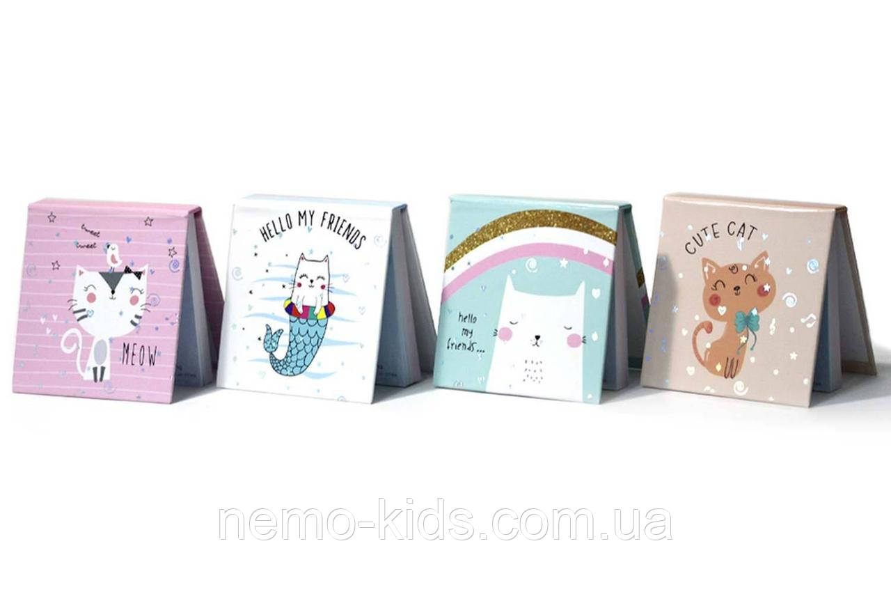 Папір для нотаток 73*73мм (3*3), 68 арк., тверда обкладинка з фольгою. Котики (12шт/в уп.), фото 1