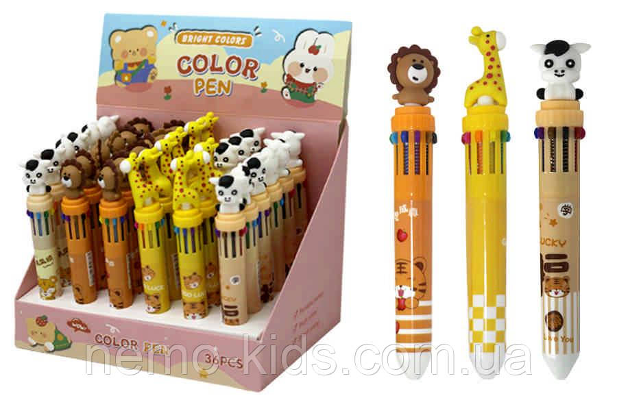 Ручка кулькова 10-кольорова Тварині ЦІНА ЗА 1ШТ. (36шт/уп), фото 1