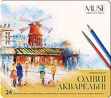 Олівці акварельні шестигранні MUSE 24 кольори з пензликом металева коробка 18*21см, ТМ Школярик, Україна