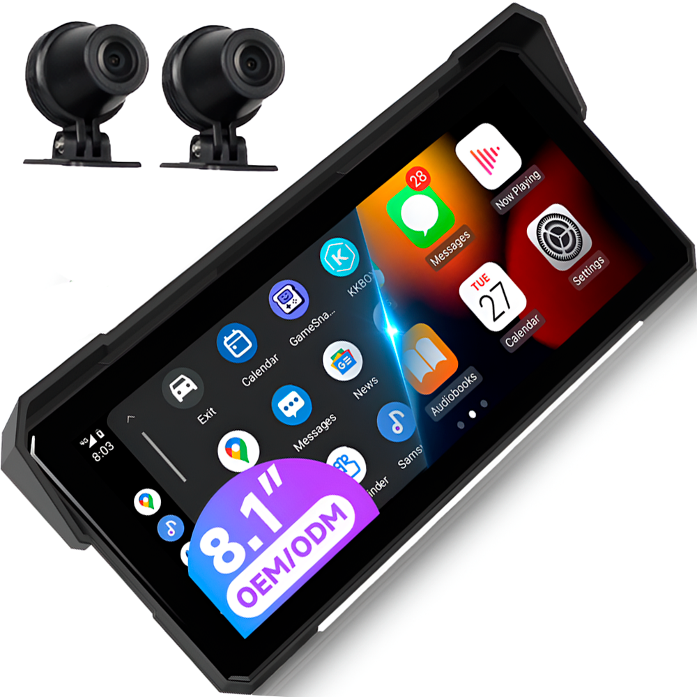 Відеореєстратор для мотоцикла Podofo A4029 з двома камерами, Bluetooth, Wi-Fi, Apple CarPlay\Android Auto та сенсорним монітором