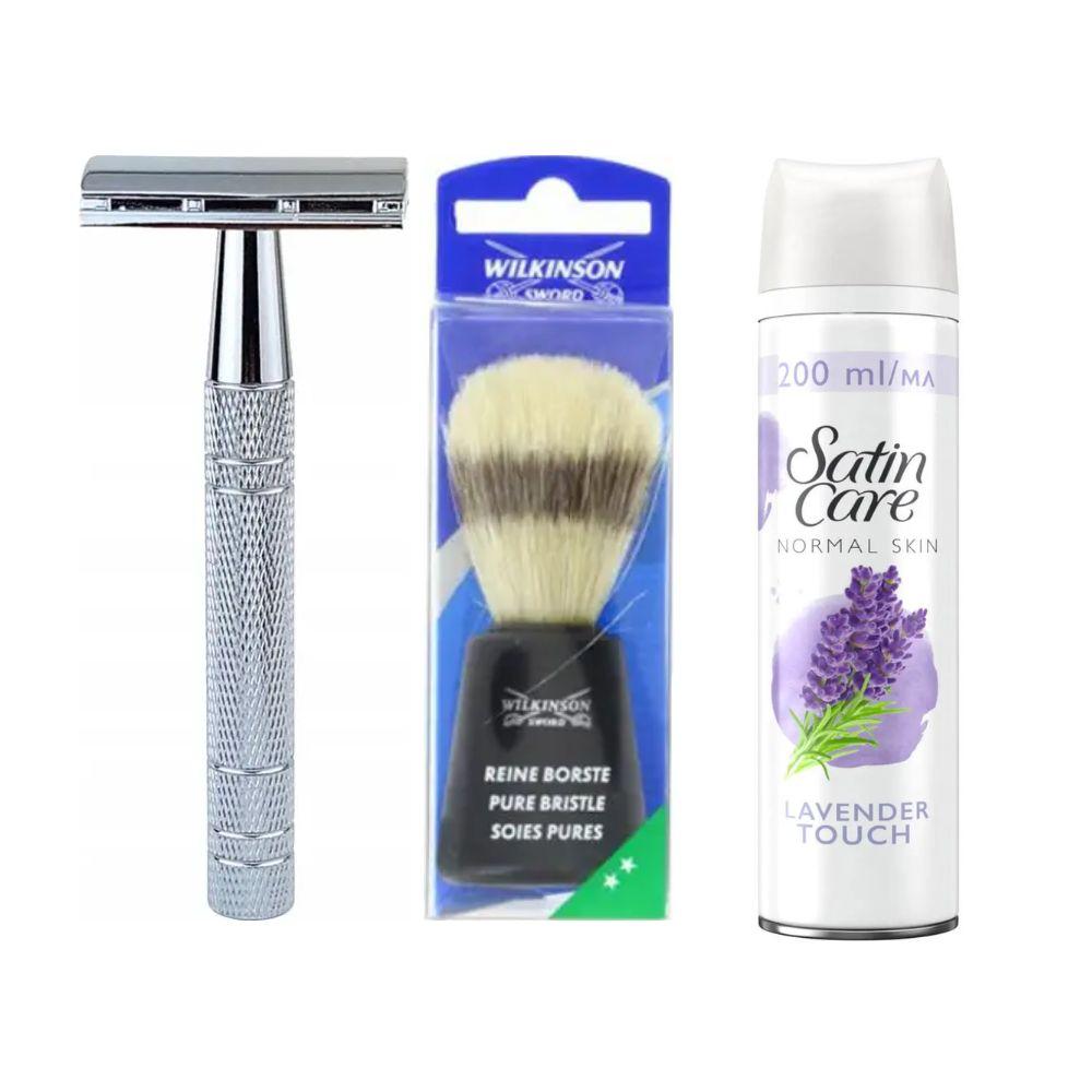 Класична Т-подібна бритва+10 лез + помазок для гоління Wilkinson Sword + гель для гоління Gillette Satin Care Gel Lavender 200 мл, фото 1