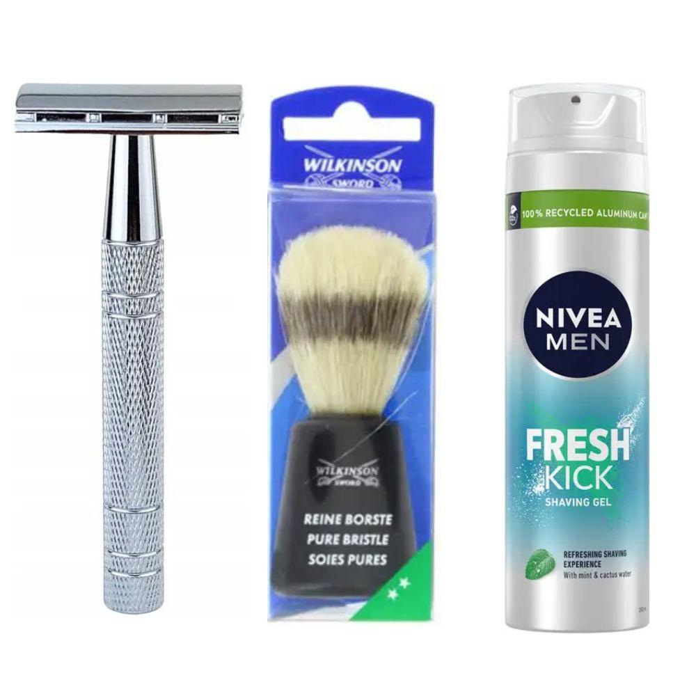 Класична Т-подібна бритва+10 лез + помазок для гоління Wilkinson Sword + гель для гоління Nivea Men Fresh Kick 200 мл, фото 1