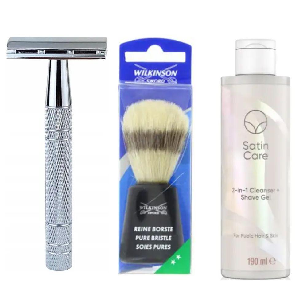 Класична Т-подібна бритва+10 лез + помазок Wilkinson Sword + гель для гоління інтимної зони Gillette Venus Satin Care 2-в-1, фото 1