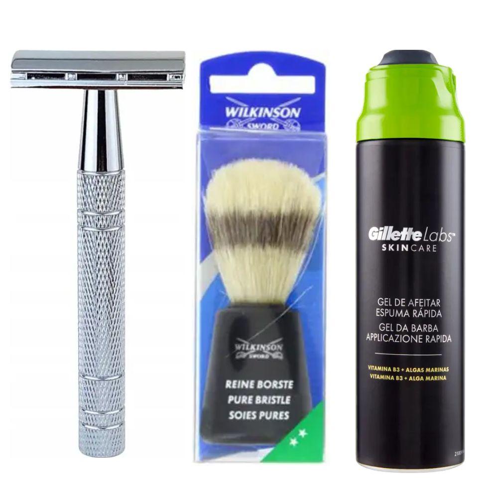 Класична Т-подібна бритва+10 лез + помазок для гоління Wilkinson Sword + гель для гоління Gillette Labs Gel 198 мл, фото 1