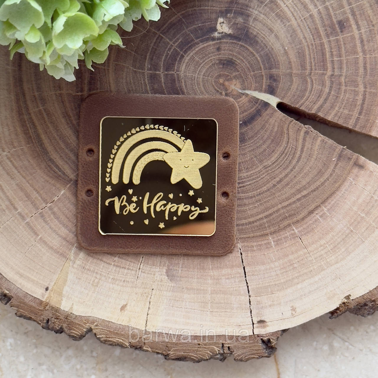 Шкіряна бірка з дзеркальним акрилом, 4х4 см, BE HAPPY