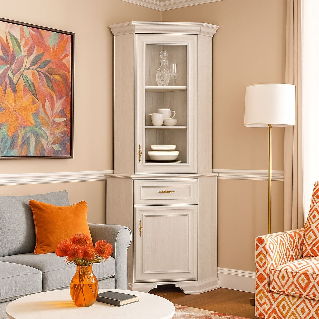 Класична скляна біла кутова вітрина, буфет для посуду у вітальню, зал Іріс Мебель Сервіс, фото 1