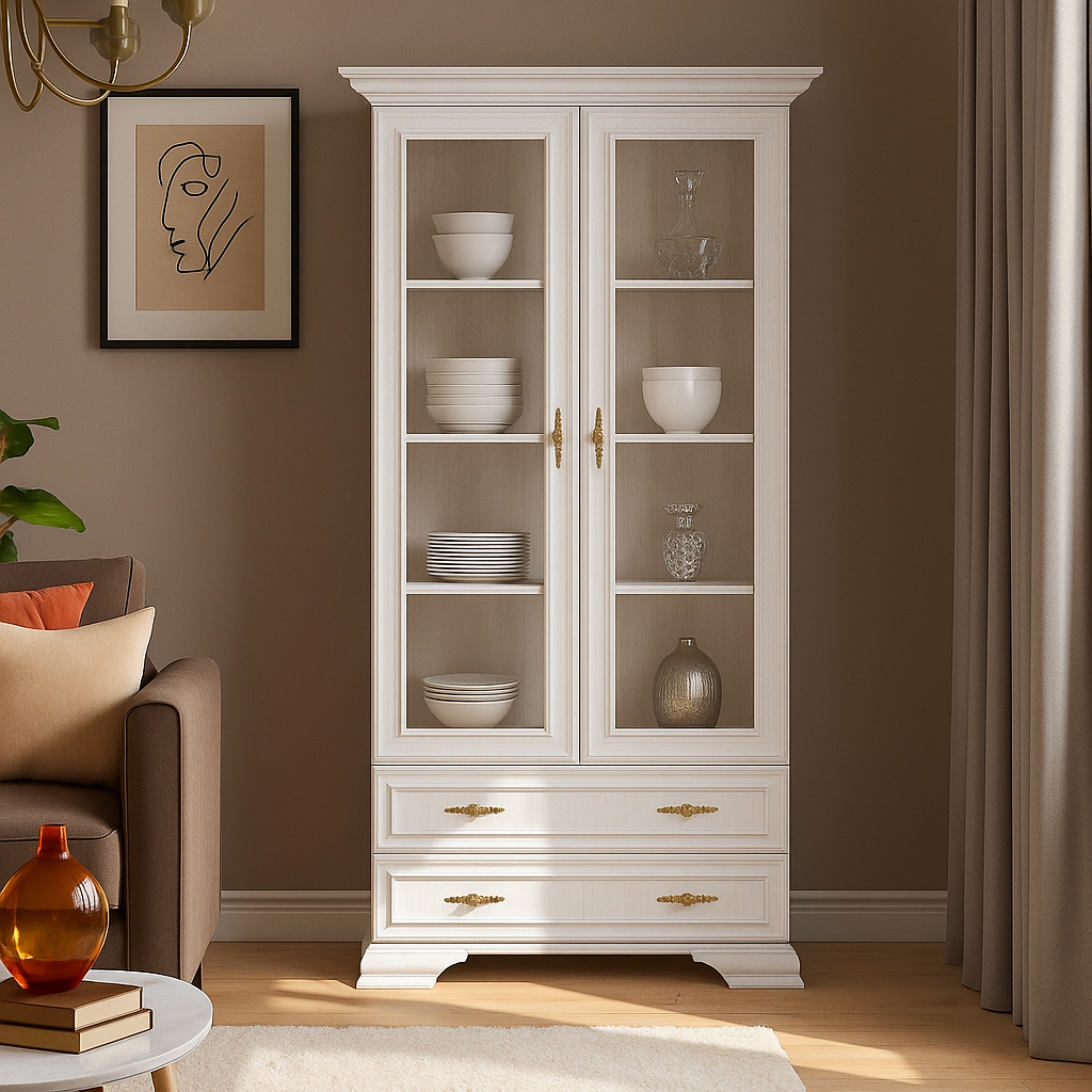 Біла шафа для книг зі склом, сервант вітрина 2В2Ш для посуду у вітальню, зал класика Іріс Мебель Сервіс, фото 1