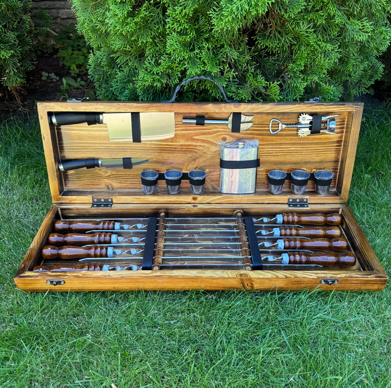 Набір шампурів Кук ручної роботи. Шашличний набір шампурів у дерев'яному кейсі.