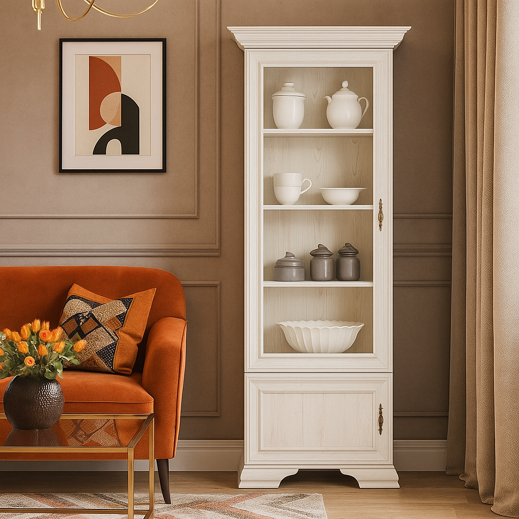 Біла скляна пенал вітрина 1В1Д класика для посуду у вітальню, книжкова шафа зі склом Іріс Мебель Сервіс, фото 1