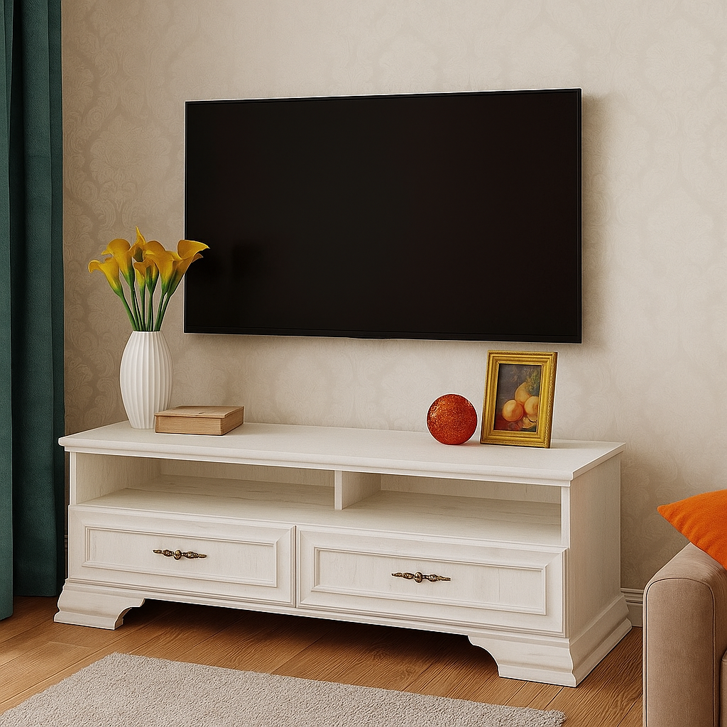Підлогова біла низька тумба під телевізор 2Ш класика 120 см у спальню, вітальню з шухлядами Іріс Мебель Сервіс, фото 1