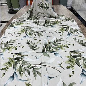 Тканина сатин digital, велике зелене листя на світло-сірому (ТУРЦІЯ шир. 2,4 м) (SAT-SAB-0875)