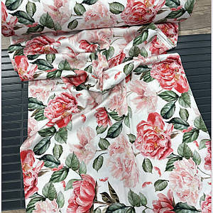 Тканина сатин digital, півонії пудрово-рожеві із зеленим листям на білому (ТУРЦІЯ шир. 2,4 м) (SAT-SAB-0873)