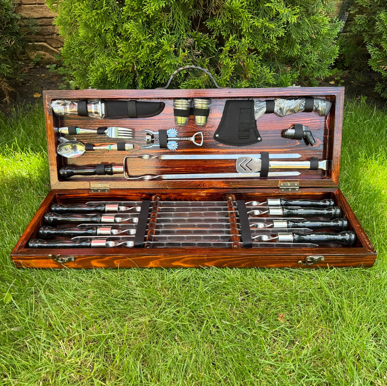 Набір шампурів Гиль LUX класік ручної роботи. Шашличний набір шампурів у дерев'яному кейсі.