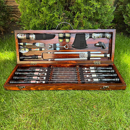 Набір шампурів Гиль LUX класік ручної роботи. Шашличний набір шампурів у дерев'яному кейсі., фото 1