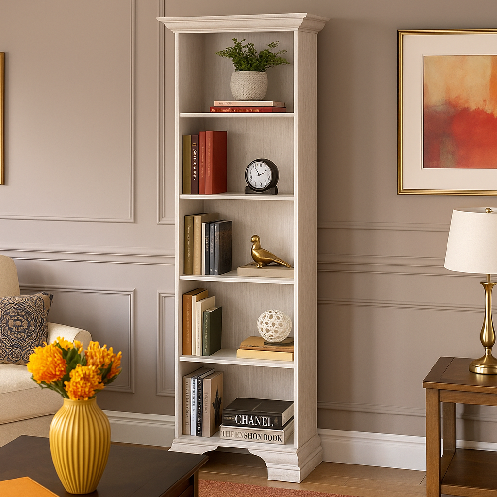 Білий підлоговий відкритий стелаж з полицями для книг в кімнату вітальню класика Іріс Мебель Сервіс