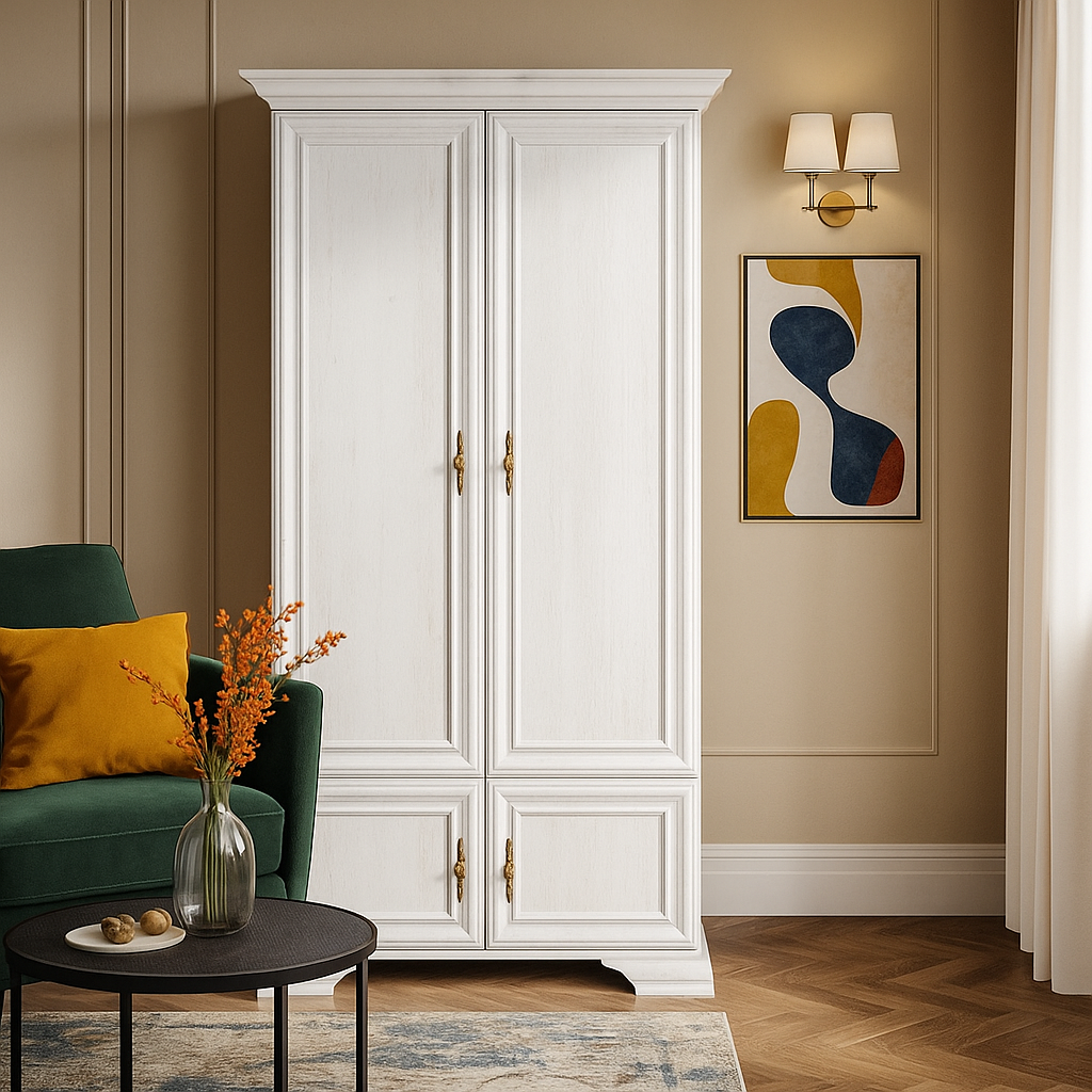 Маленька розпашна дводверна біла шафа прованс 100 см для одягу в спальню вітальню Іріс Мебелі Сервіс