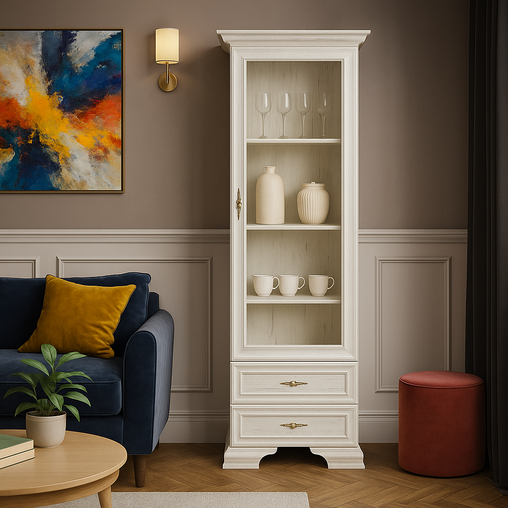 Скляна біла пенал вітрина 1В2Ш класика для посуду у вітальню, книжкова шафа зі склом Іріс Мебель Сервіс, фото 1