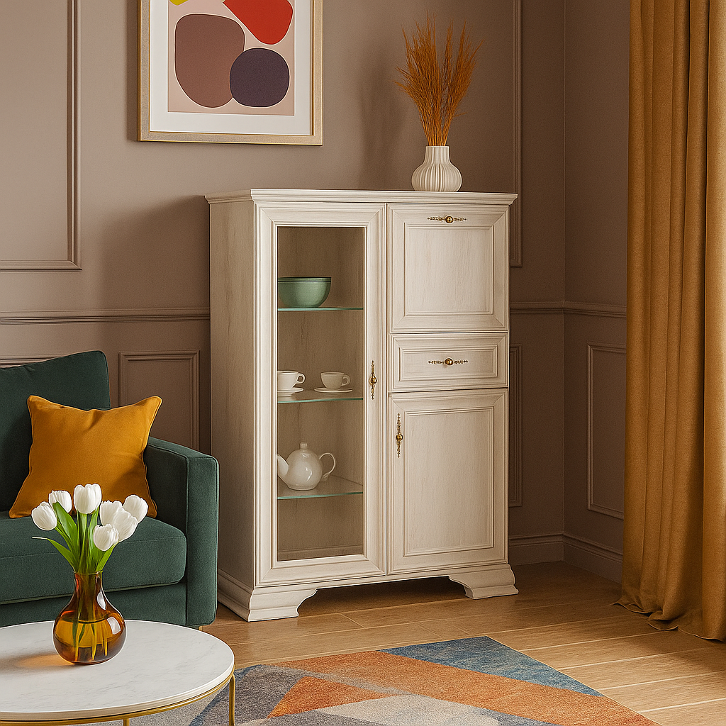 Білий у стилі прованс бар 1В2Д1Ш, комод буфет вітрина зі склом для посуду у вітальню класика Іріс Мебель Сервіс, фото 1