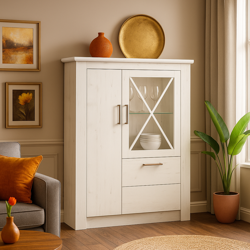 Біла скляна вітрина комод 2Д1В класика буфет для посуду і книг у вітальню, зал Джорджіа Мебель Сервіс, фото 1